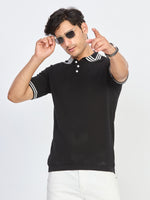 Black Contrast Stripe Knitted Polo T-Shirt