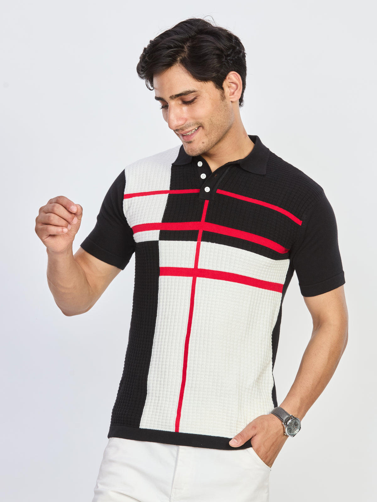 Black & Ivory Gridline Knit Polo T-Shirt