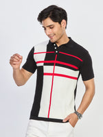 Black & Ivory Gridline Knit Polo T-Shirt