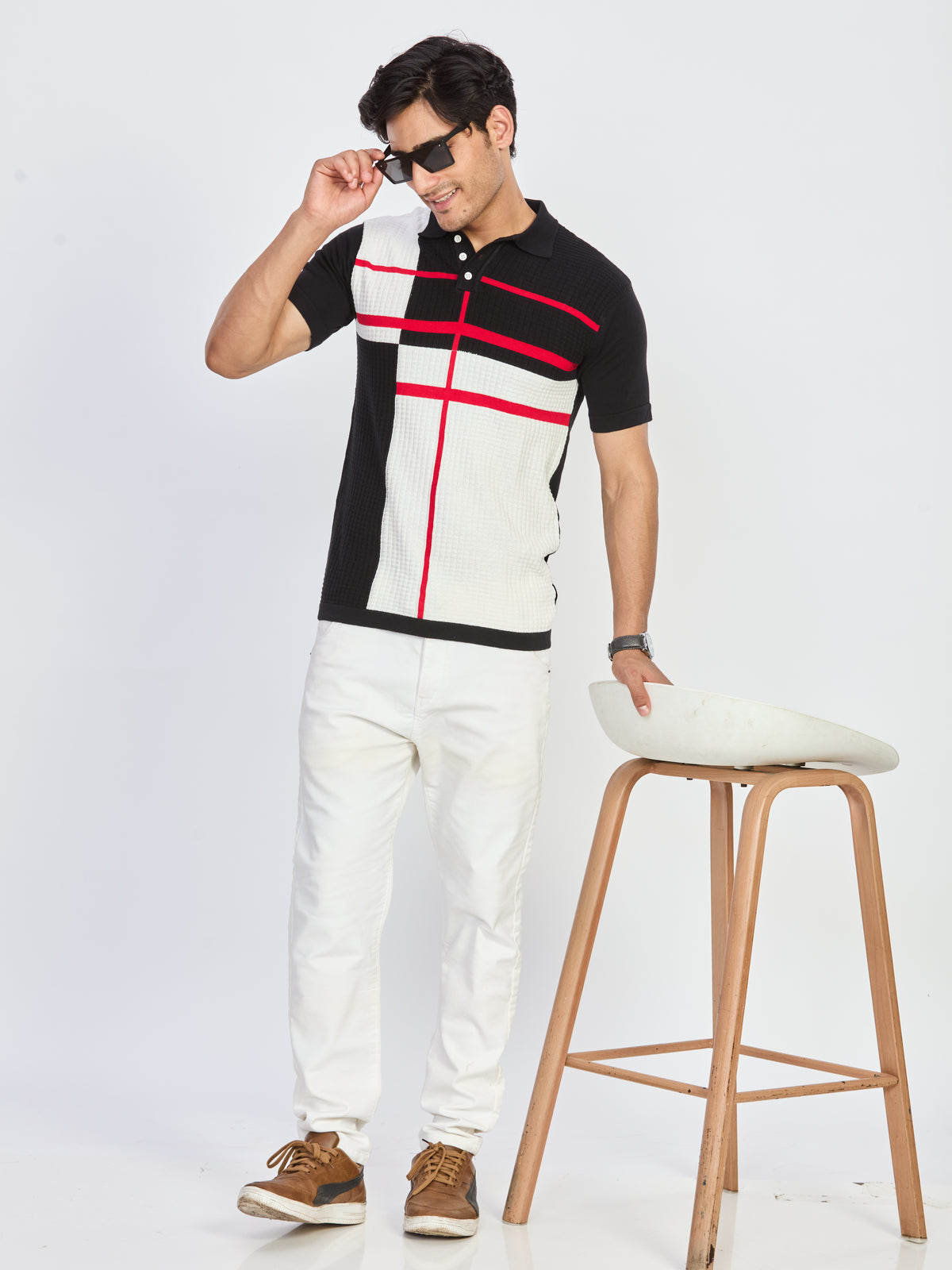 Black & Ivory Gridline Knit Polo T-Shirt