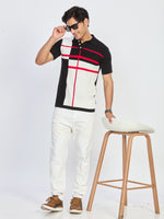 Black & Ivory Gridline Knit Polo T-Shirt