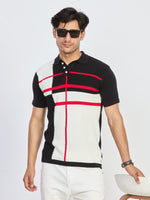 Black & Ivory Gridline Knit Polo T-Shirt