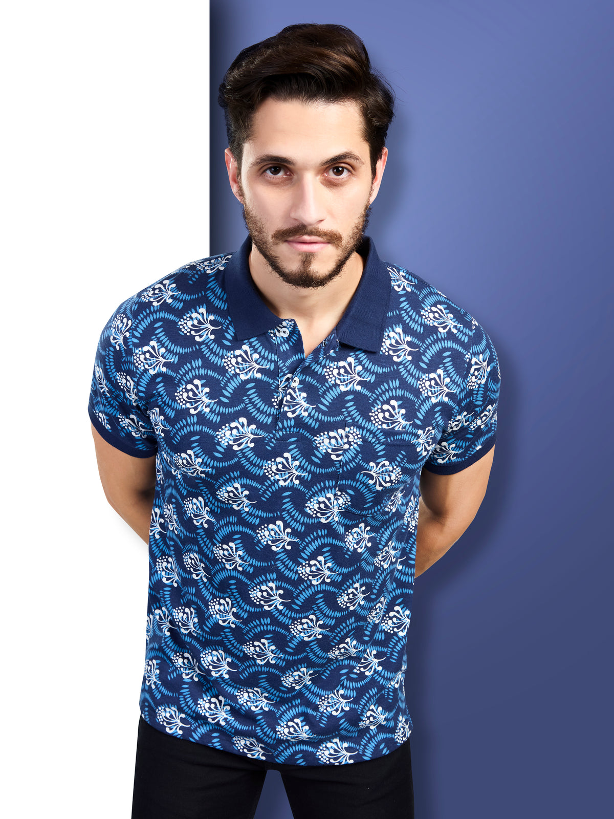 Navy Printed Polo Neck T-Shirt
