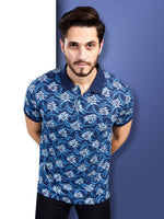 Navy Printed Polo Neck T-Shirt