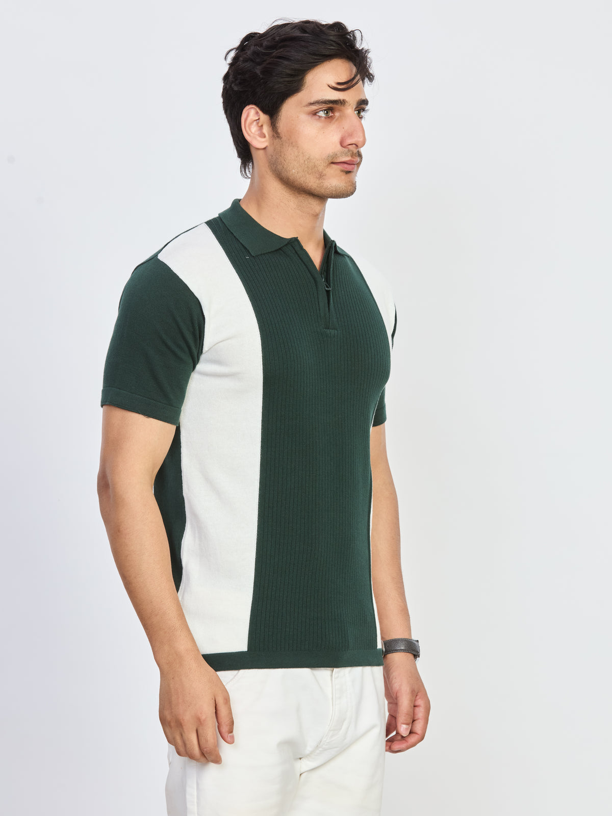 Bottle Green & White Color Block Knitted Polo T-Shirt