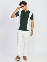 Bottle Green & White Color Block Knitted Polo T-Shirt