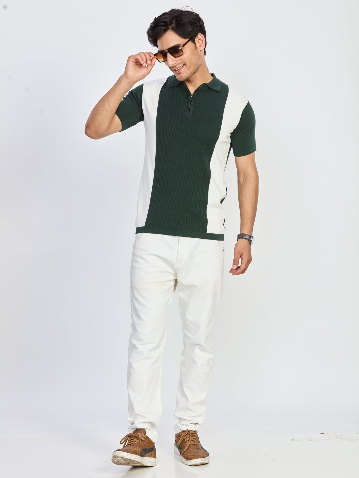 Green & White Textured Polo T-Shirt