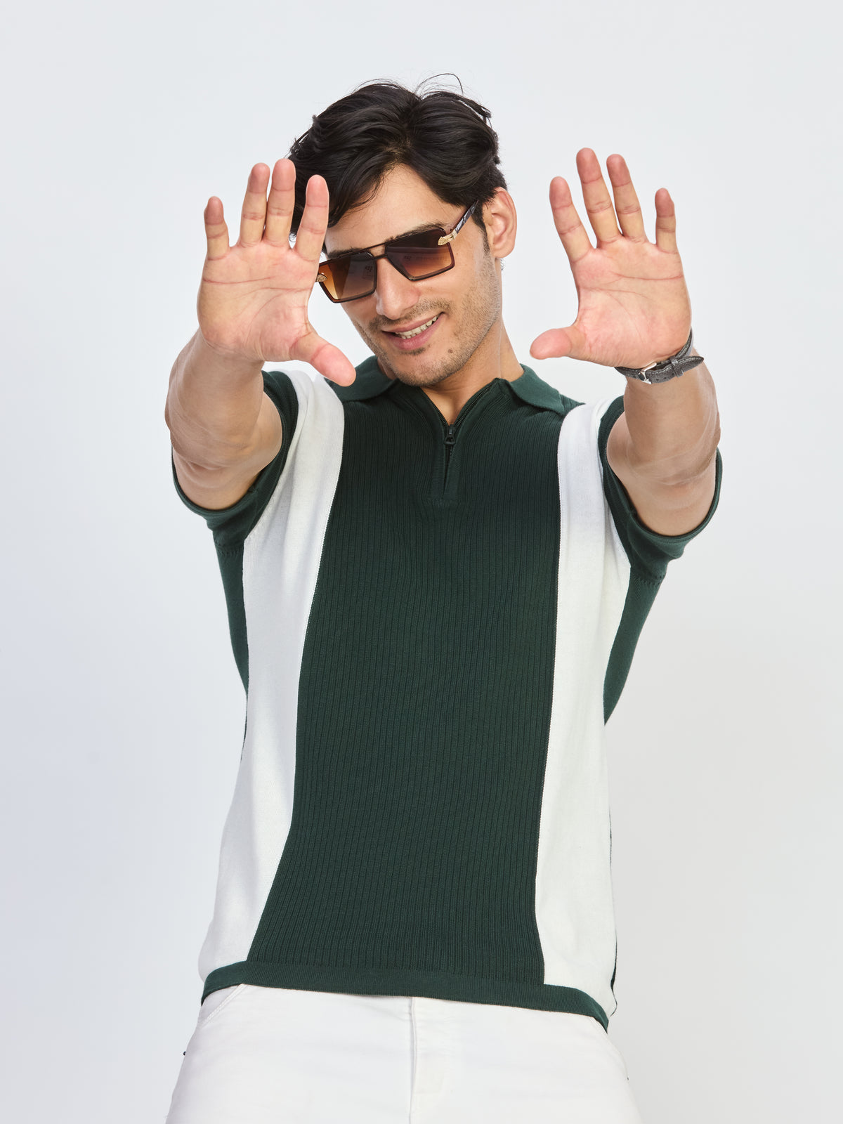 Bottle Green & White Color Block Knitted Polo T-Shirt