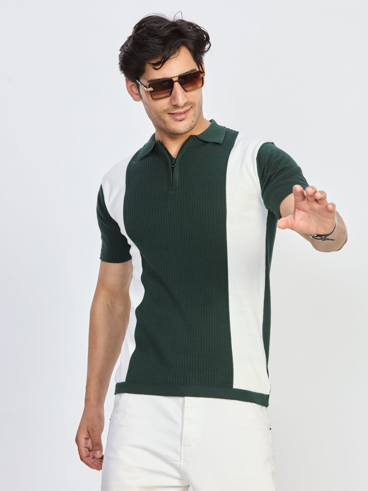 Bottle Green & White Color Block Knitted Polo T-Shirt