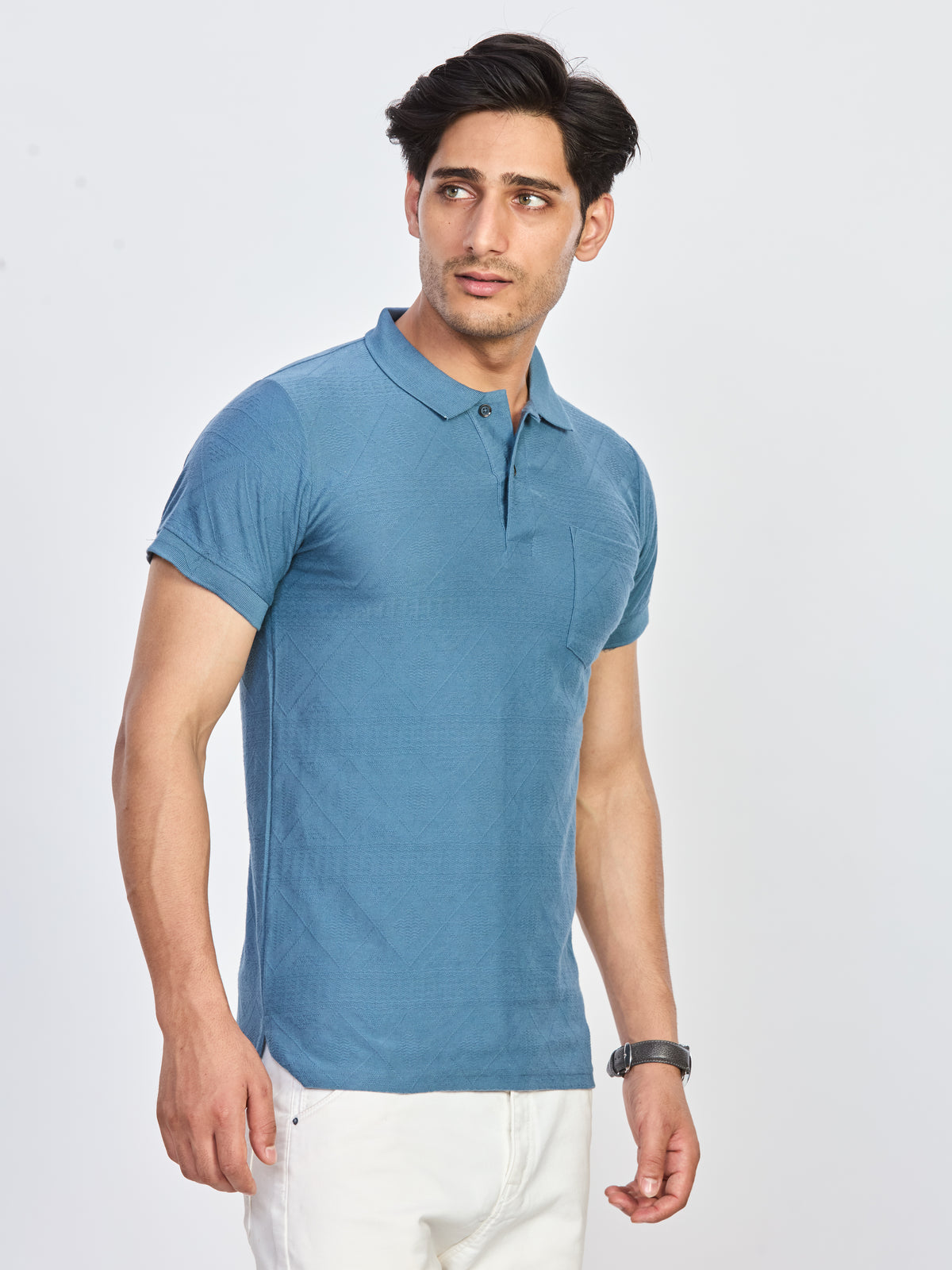 Sky Blue Textured Pocket Polo T-Shirt