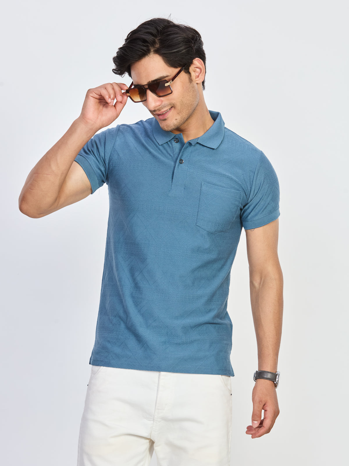 Sky Blue Textured Pocket Polo T-Shirt
