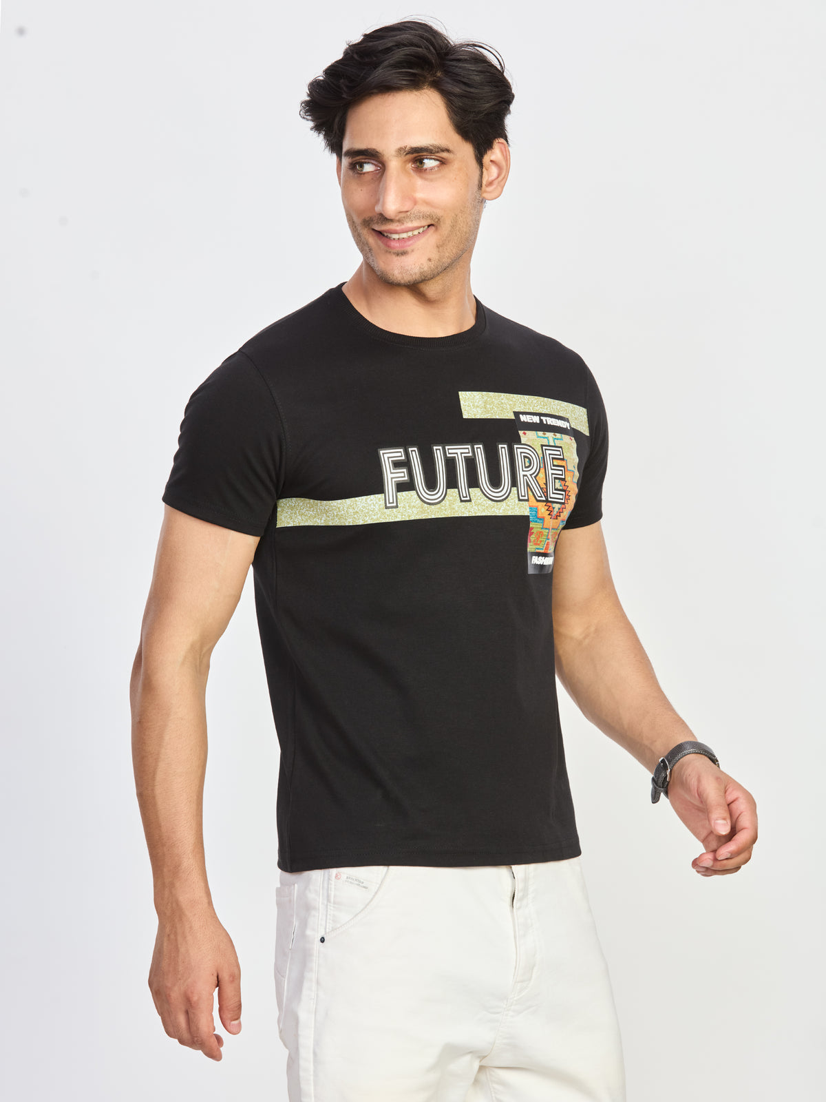 Black Print Round Neck T-Shirt