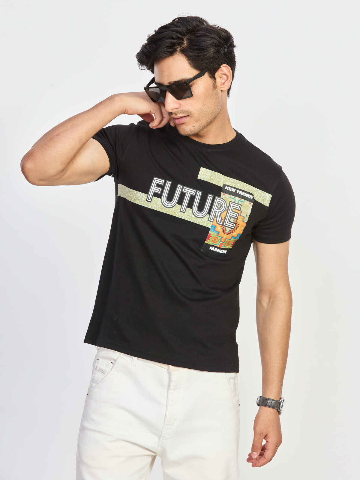 Black Print Round Neck T-Shirt