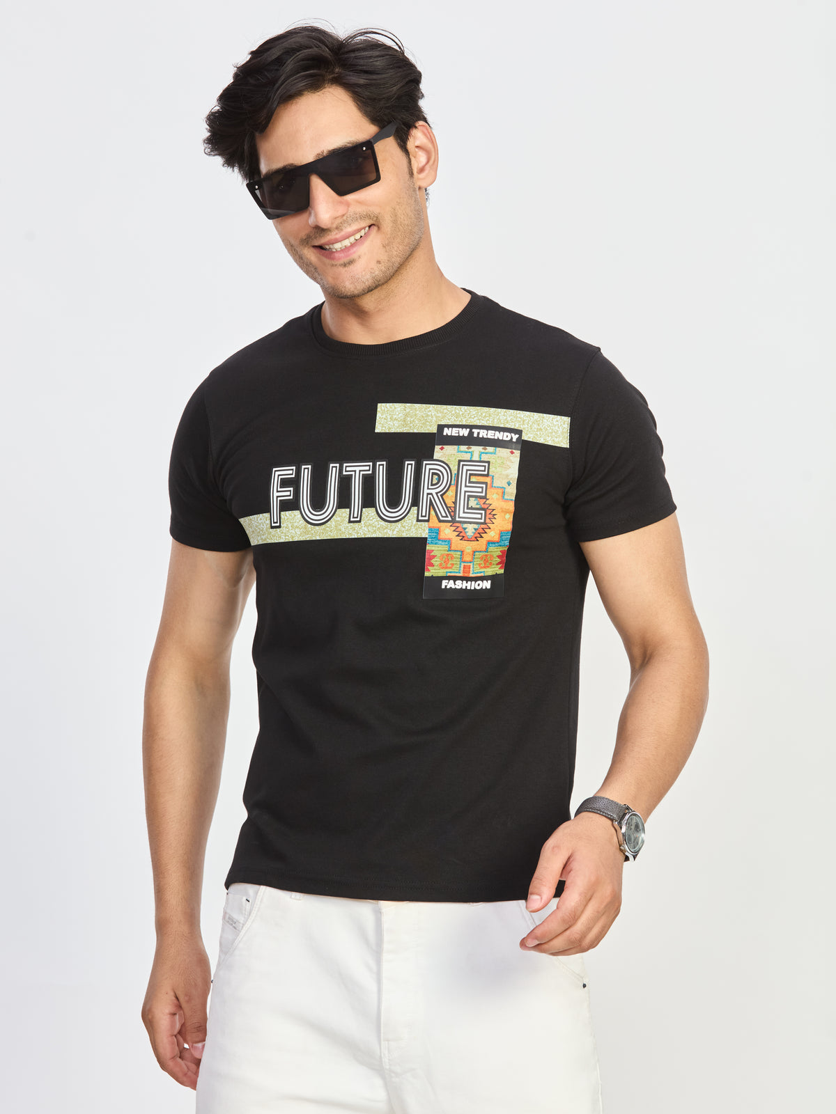 Black Print Round Neck T-Shirt