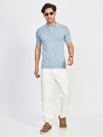 Blue Geometric Textured Knit Polo T-Shirt