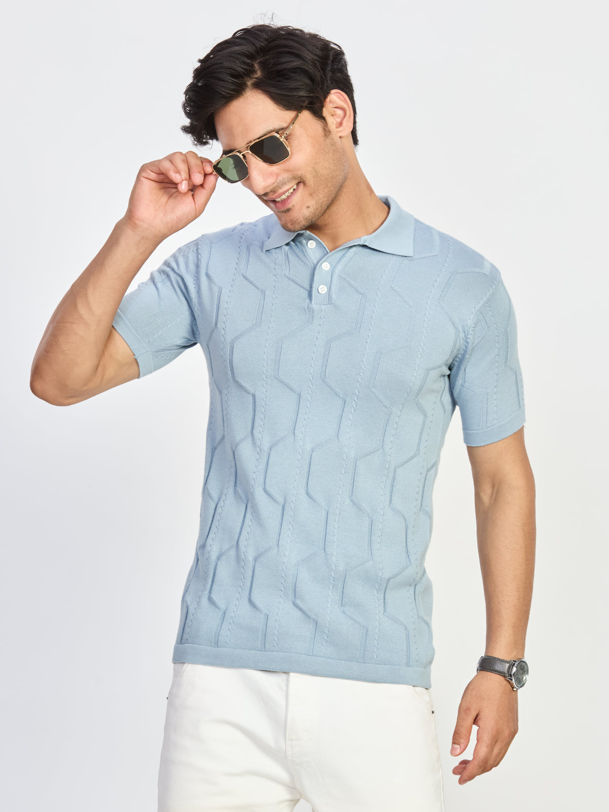 Blue Geometric Textured Knit Polo T-Shirt