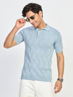 Blue Geometric Textured Knit Polo T-Shirt