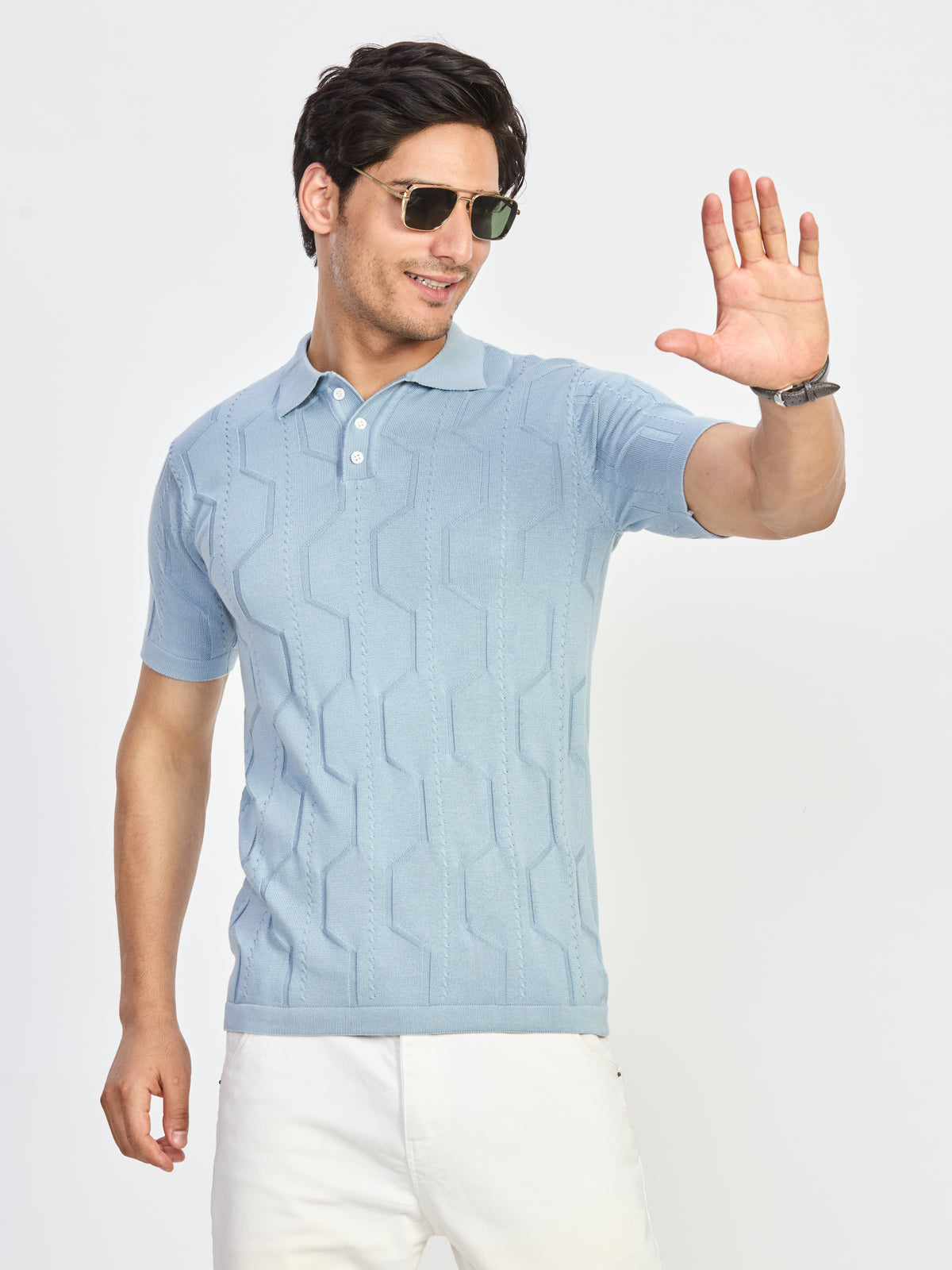 Blue Geometric Textured Knit Polo T-Shirt