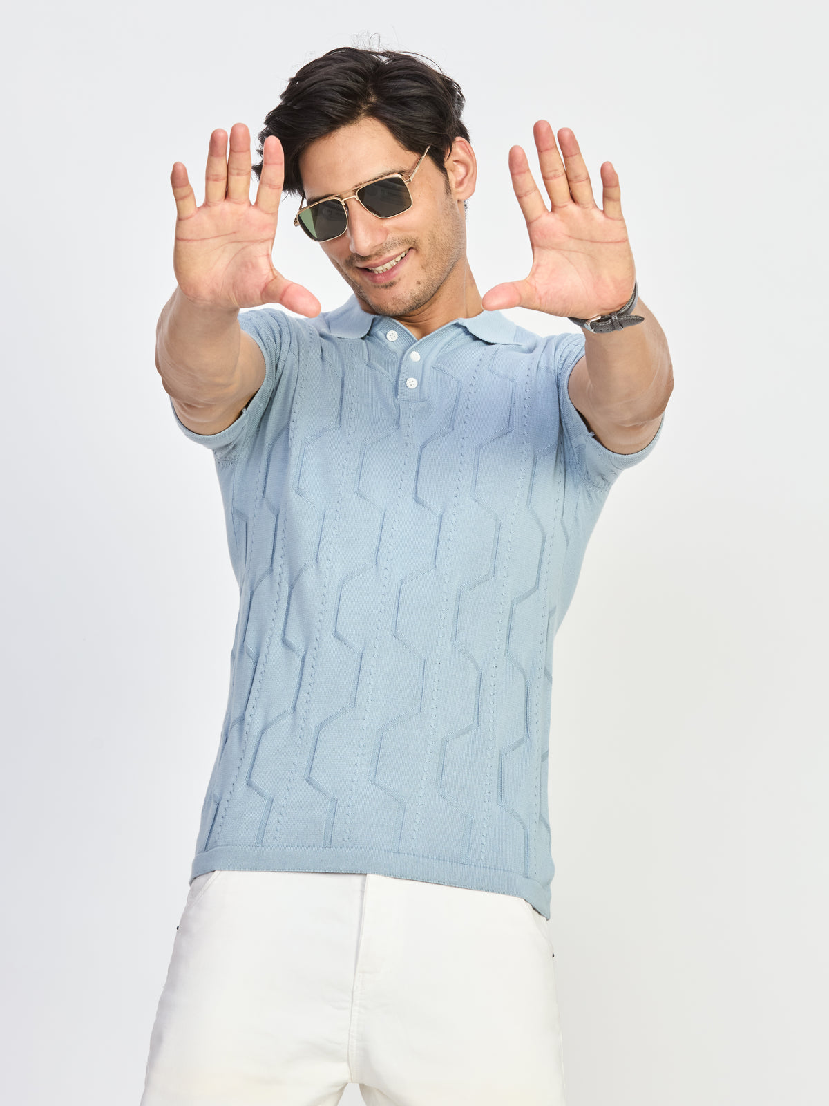 Blue Geometric Textured Knit Polo T-Shirt