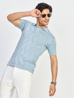 Blue Geometric Textured Knit Polo T-Shirt