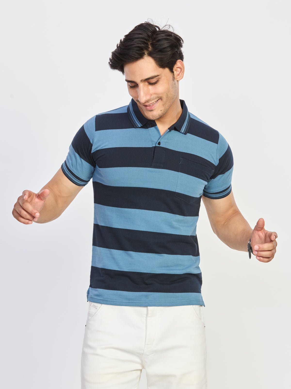Dual Tone Blue Stripe Polo T-Shirt