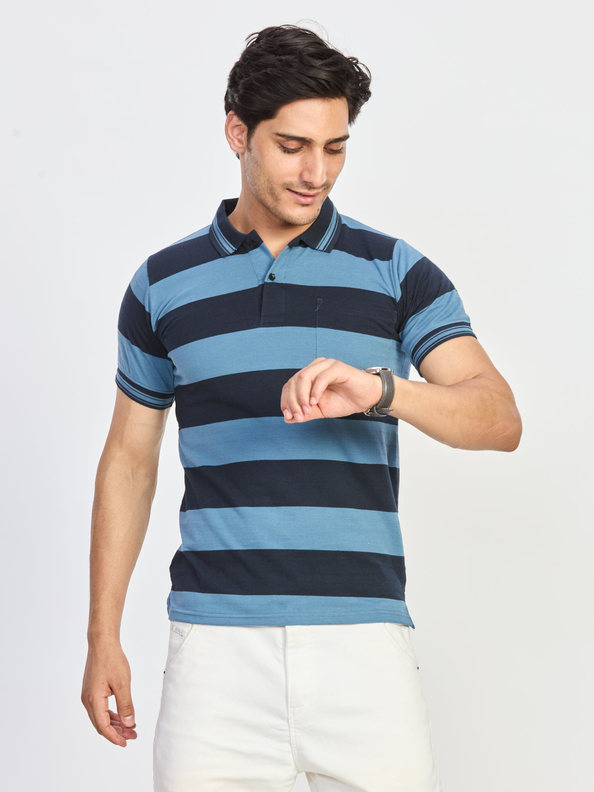 Dual Tone Blue Stripe Polo T-Shirt