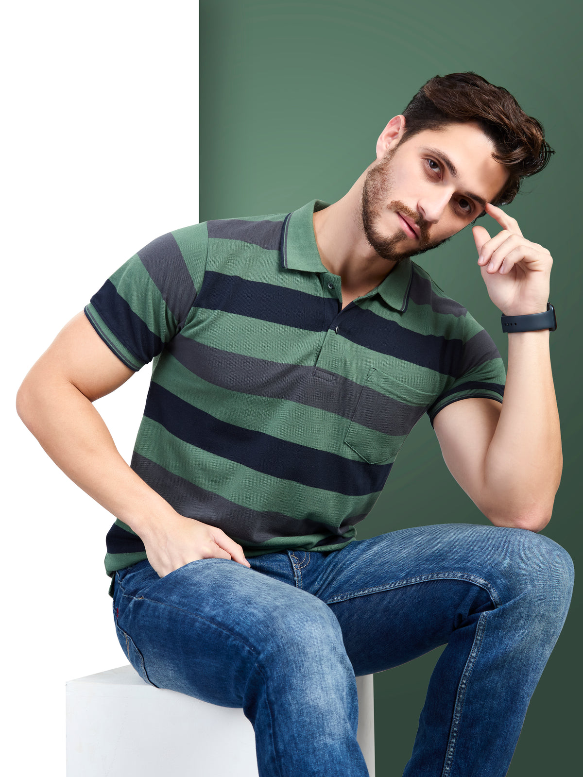 Green Striped Polo Neck T-Shirt