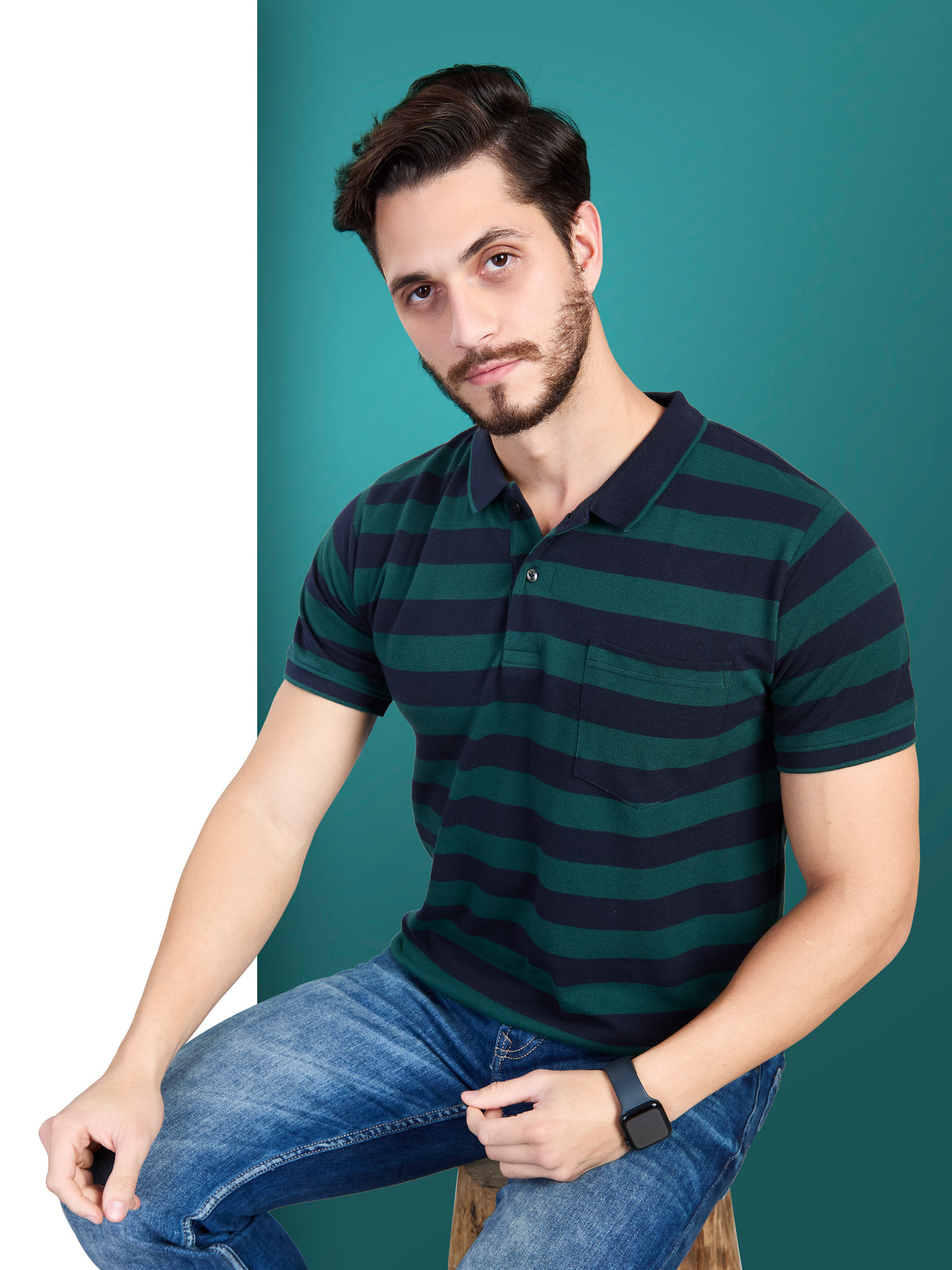 Green Striped Polo Neck T-Shirt