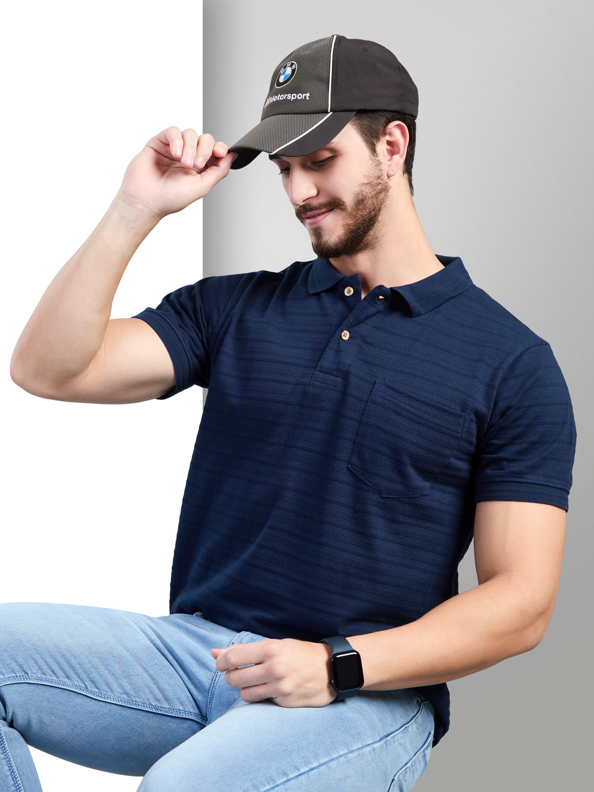 Navy Striped Polo Neck T-Shirt