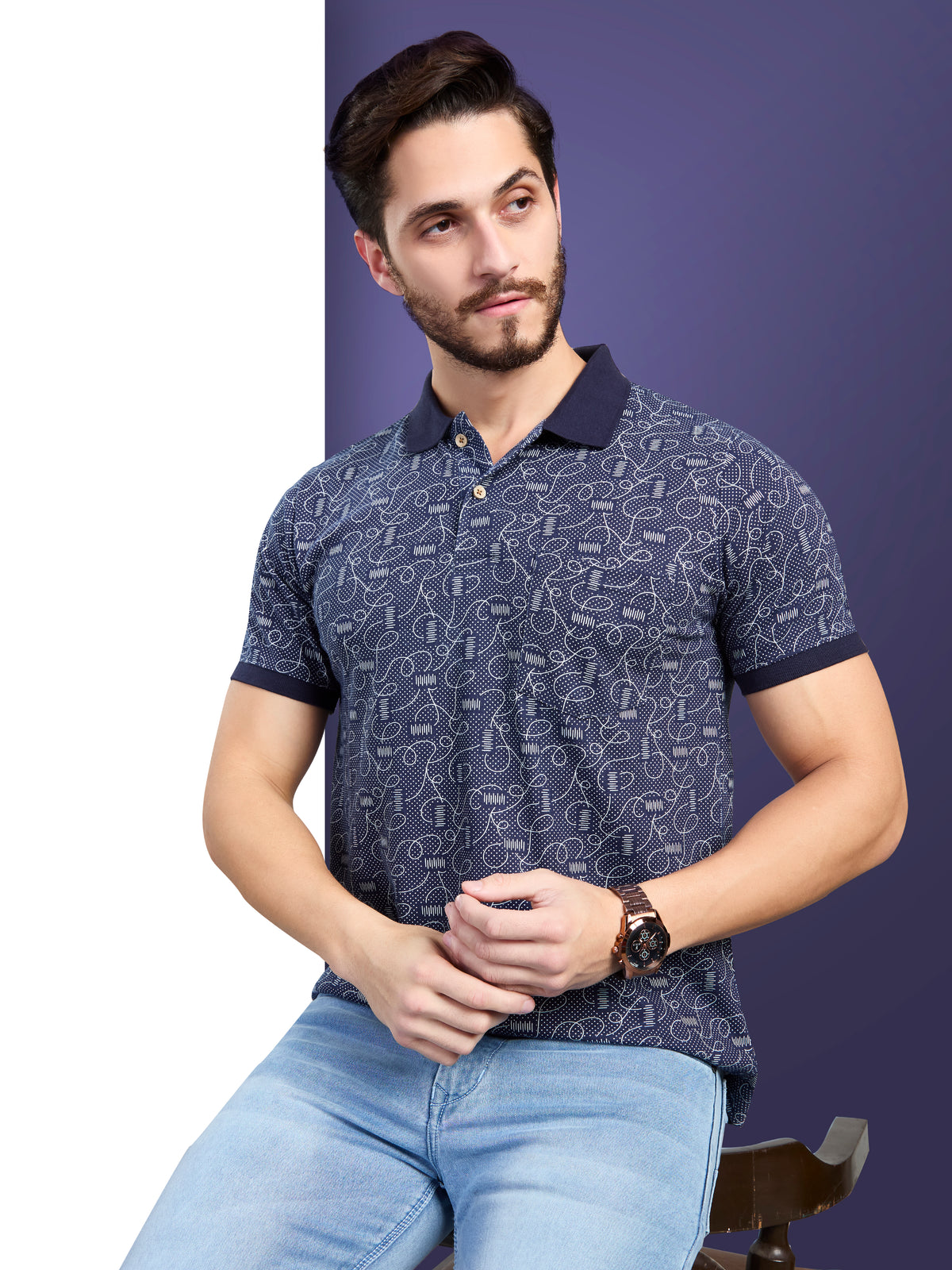 Navy Printed Polo Neck T-Shirt