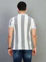 Grey White Striped Knit Polo Neck T-Shirt
