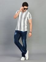 Grey White Striped Knit Polo Neck T-Shirt