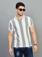 Grey White Striped Knit Polo Neck T-Shirt