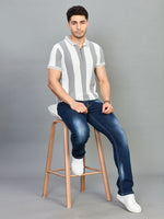 Grey White Striped Knit Polo Neck T-Shirt