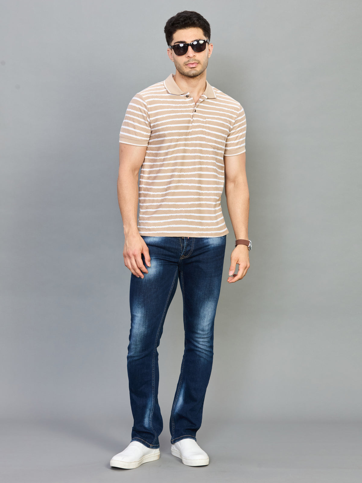 Beige White Horizontal Stripe Polo T-Shirt