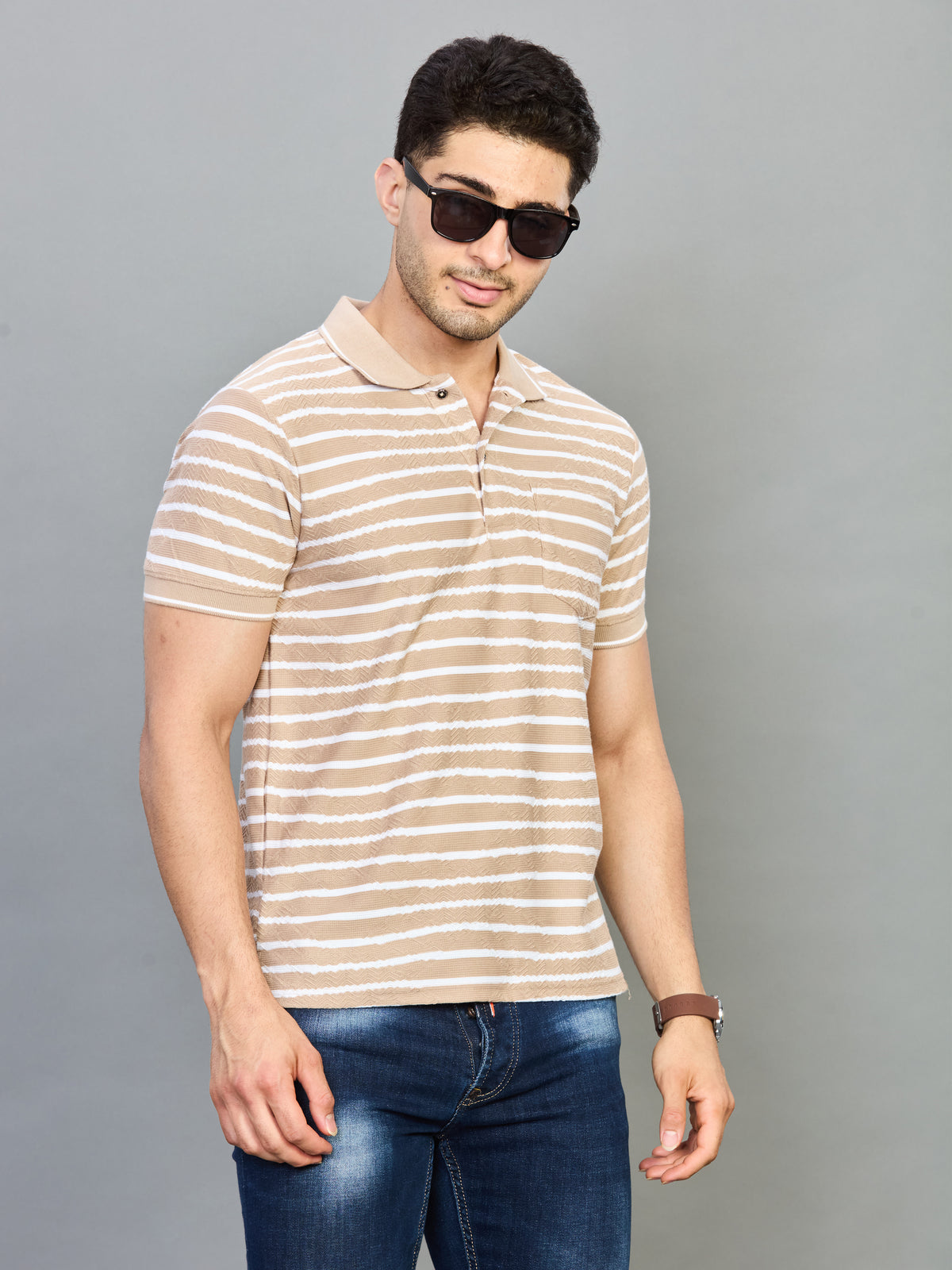Beige White Horizontal Stripe Polo T-Shirt