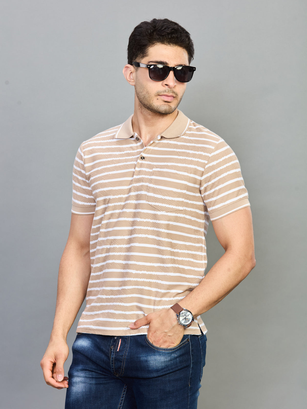 Beige White Horizontal Stripe Polo T-Shirt