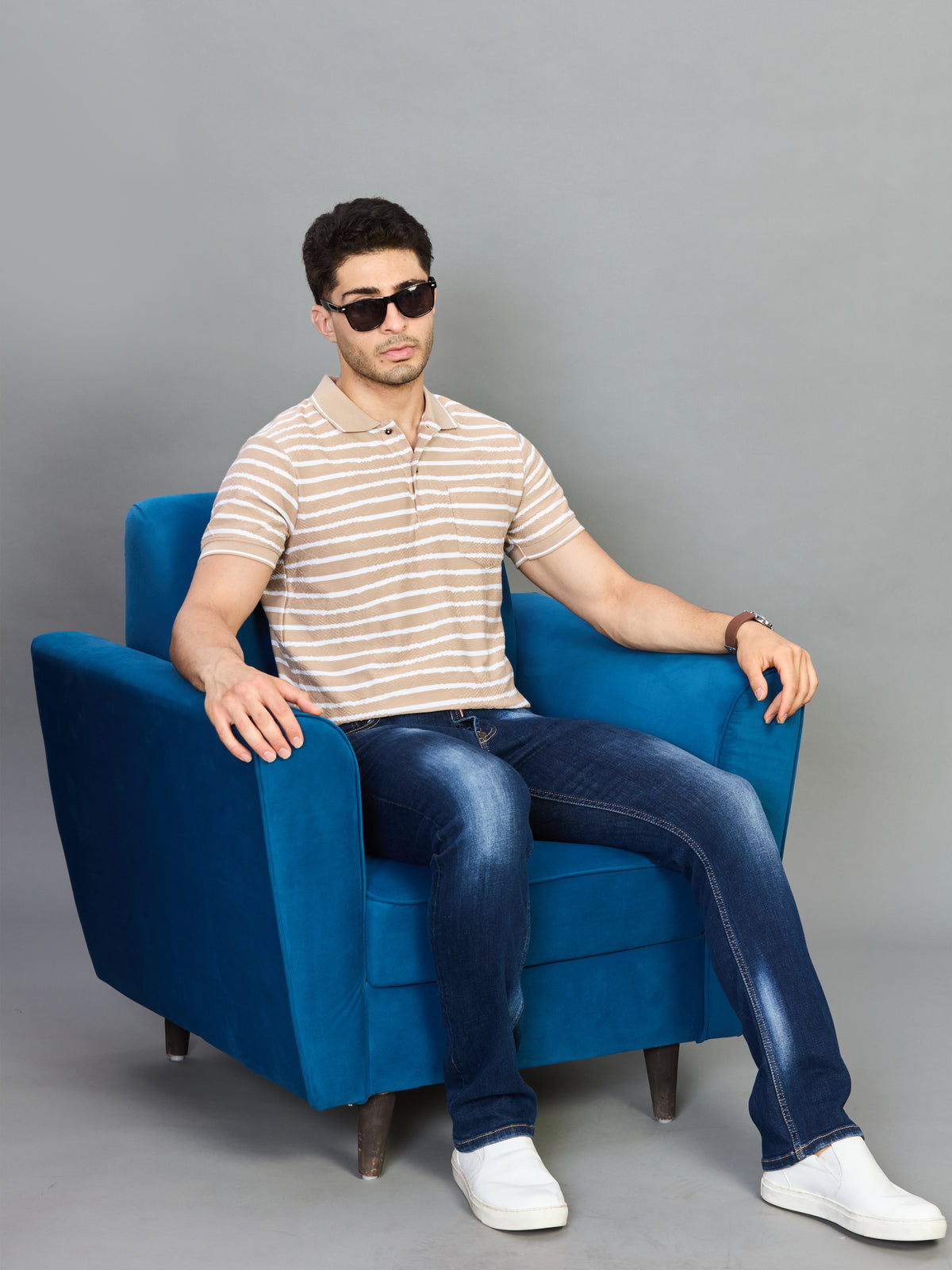 Beige White Horizontal Stripe Polo T-Shirt