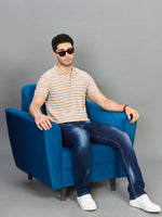 Beige White Horizontal Stripe Polo T-Shirt