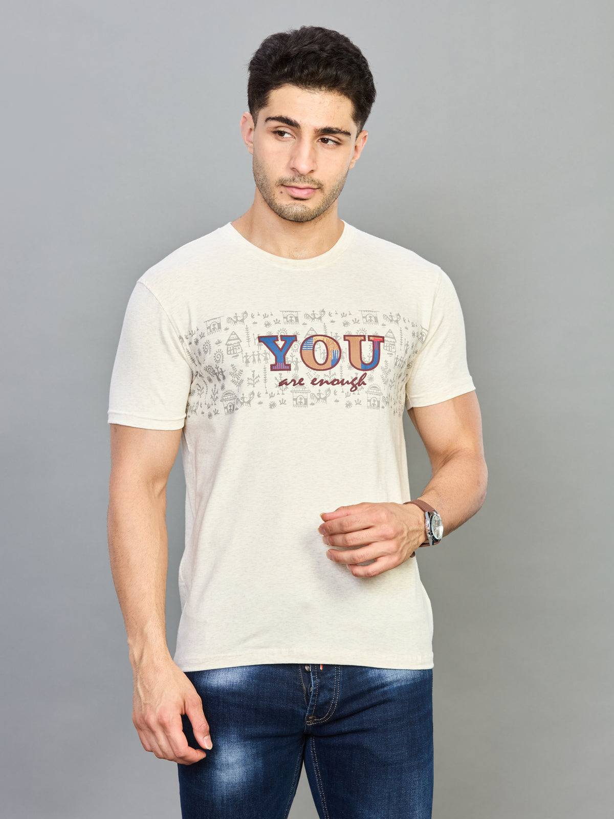 Off White Printed Round Neck Half Sleeve T-Shirt