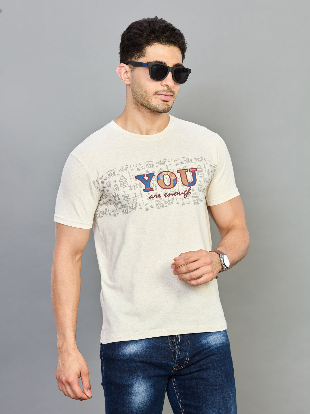 Off White Printed Round Neck Half Sleeve T-Shirt