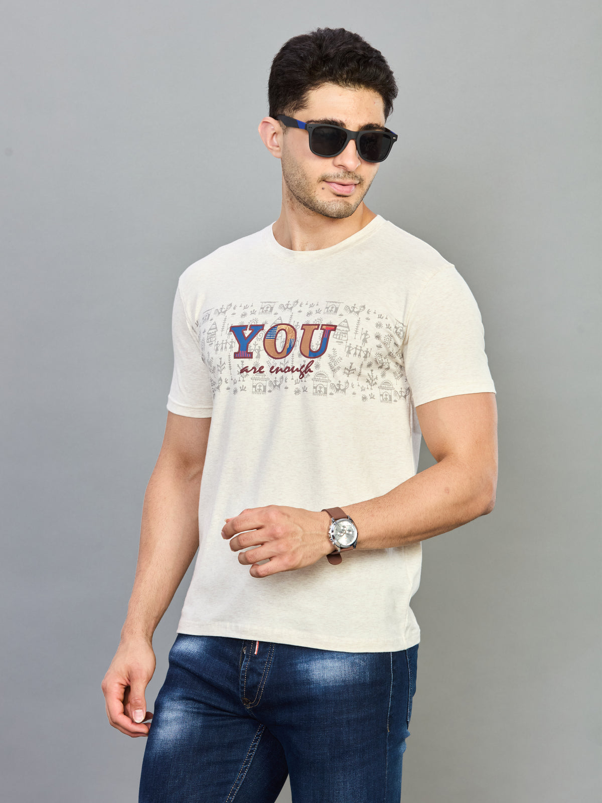 Off White Printed Round Neck Half Sleeve T-Shirt