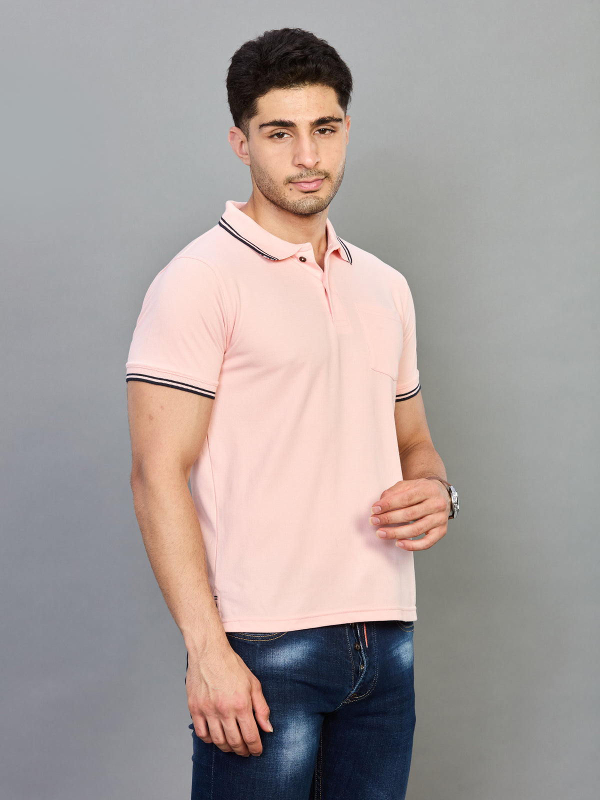 Peach Polo Neck T-shirt With Pocket