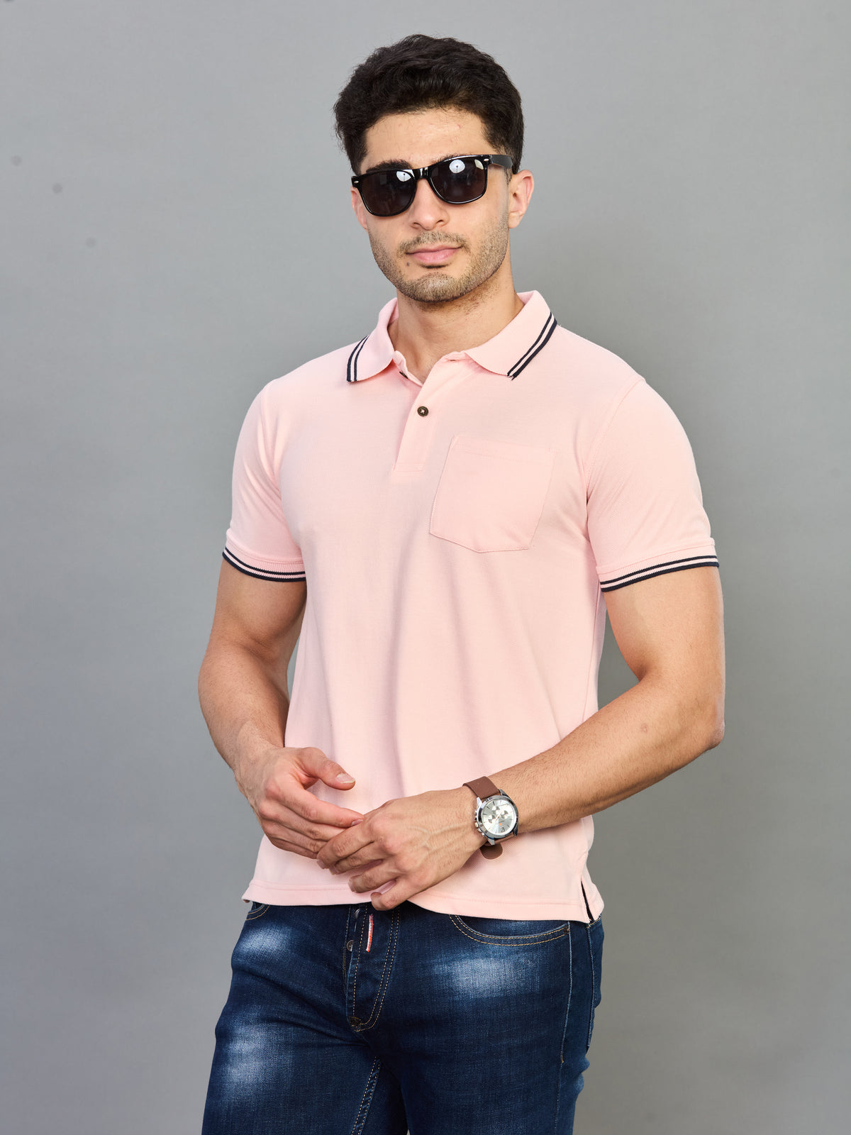Peach Polo Neck T-shirt With Pocket