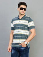 Green & White Striped Polo Neck Half Sleeve T-Shirt