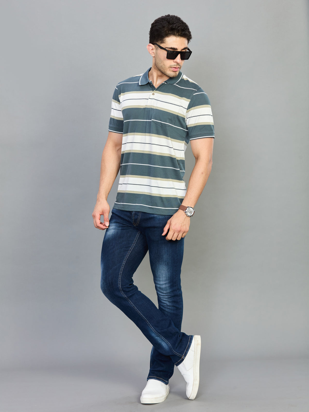 Green & White Striped Polo Neck Half Sleeve T-Shirt