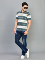 Green & White Striped Polo Neck Half Sleeve T-Shirt