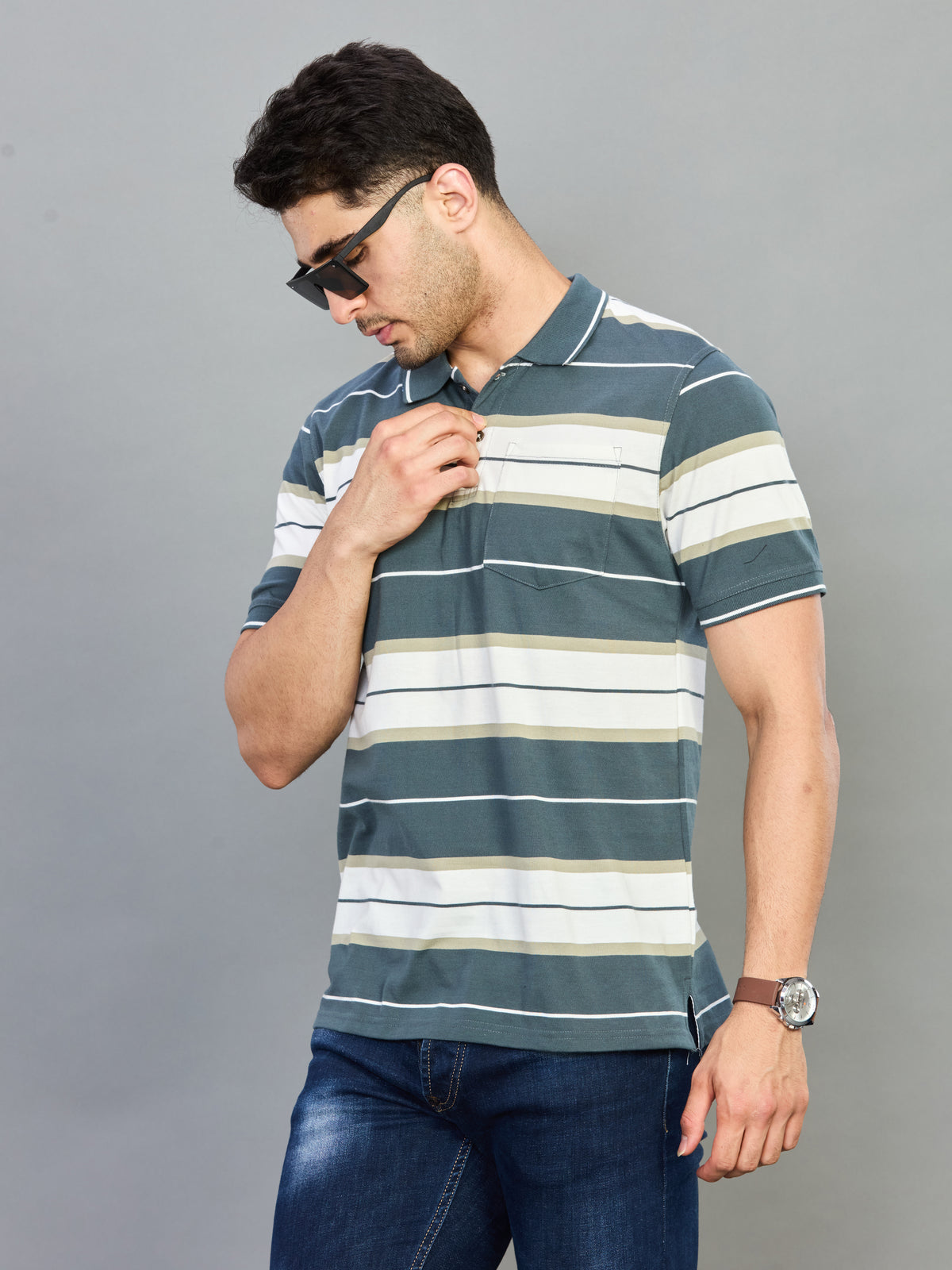 Green & White Striped Polo Neck Half Sleeve T-Shirt
