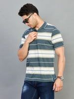Green & White Striped Polo Neck Half Sleeve T-Shirt