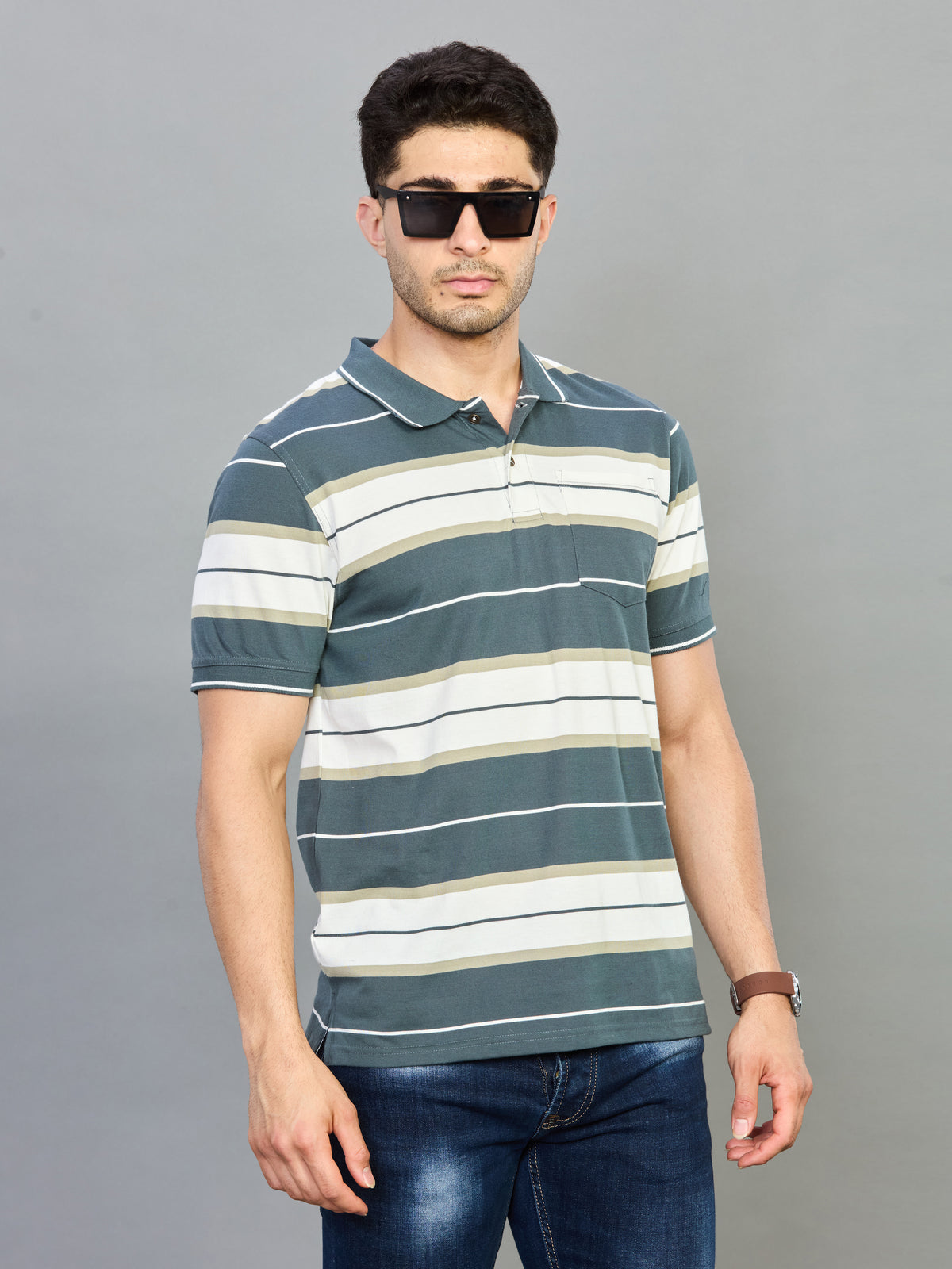 Green & White Striped Polo Neck Half Sleeve T-Shirt